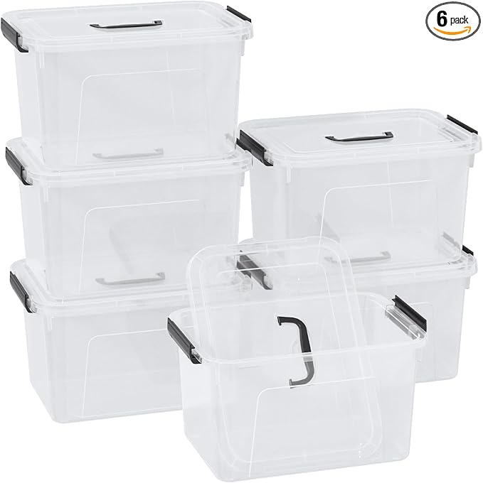 6 Packs 12 Quart Clear Latching Storage Boxes Plastic Storage Bin with Handle