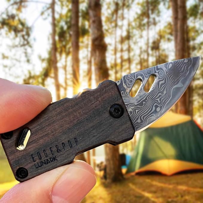Edge &amp Pop Mini Damascus Pocket Knife and Dual Grit Whetstone Bundle
