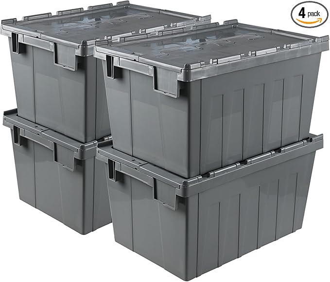15 Gallon Industrial Lockable Plastic Storage Tote with Hinged Attached Lid Commercial Flip Top Tote Storage Container Bin Tote for Transport and Warehouse Heavy Duty Gray 4 Packs