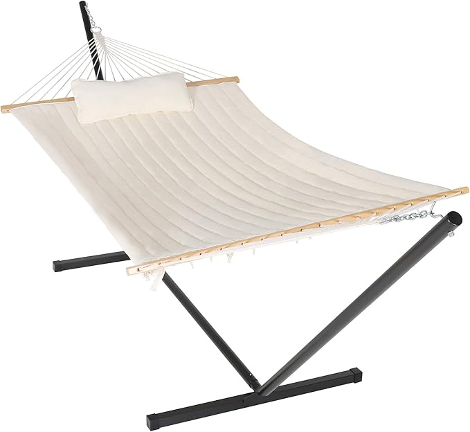 MUPATER 12FT Double Hammock with Stand Included 2 Person Outdoor Quilted Hammock with Stand Rope with Pad and Pillow hamacas para adultos White