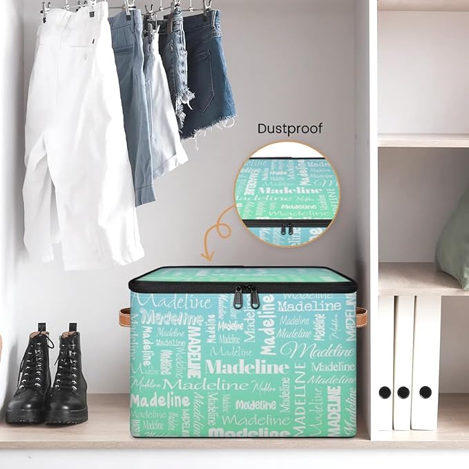 Custom Storage Basket with Name Personalized Keepsake Box with Zipper Lid Foldable Fabric Memory Bin Large capacity with Handle Bright Green Blue