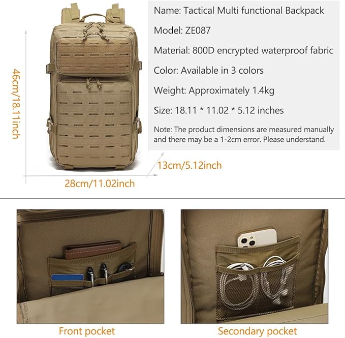 45L Military Tactical Backpack For Men Molle Daypack 3 Day Bug Out Bag Hiking Fishing Backpack Rucksack (Mud Color)