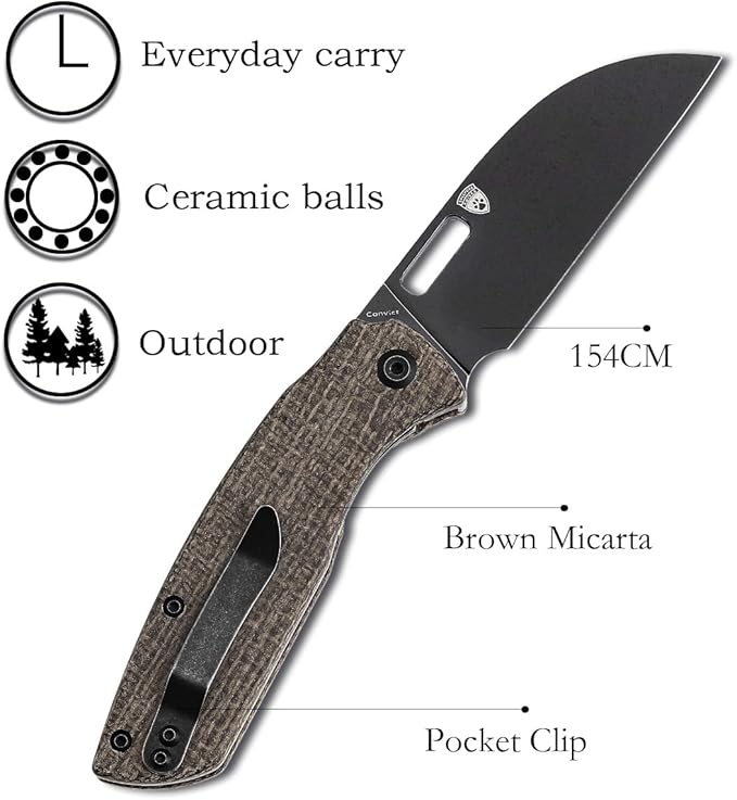 KANSEPT Convict Pocket Folding Knives EDC Camping Knife 3.3'' Black Stonewashed 154CM Material Pocket Knife with Brown Micarta Handle Everyday Carry T1023A1