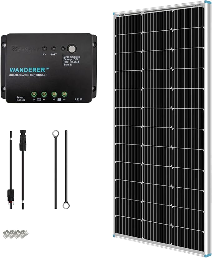 Renogy 100W 12V Solar Panel Starter Kit 100 Watt Monocrystalline Solar Panel 30A LCD PWM Charger Controller Adaptor Kit Tray Cables Z Brackets for RV Camper and Other Off Grid Applications