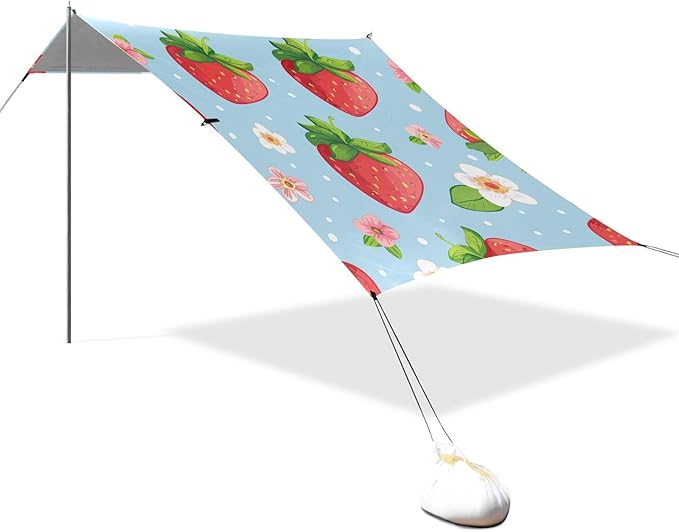 ALAZA Funny Strawberry Green Leaves Flowers on Light Blue Beach Tent Sun Shelter Portable Canopy Sunshade for Outdoor Camping Picnics Backyard Fun 10x9 ft
