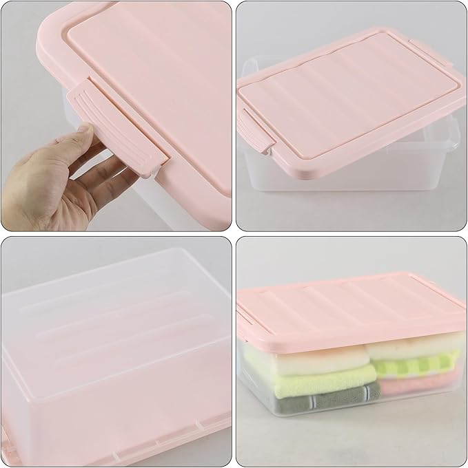 Wekioger Set of 2 Versatile Organizer Bins with Pink Lids 14 Quart Plastic Latching Storage Box
