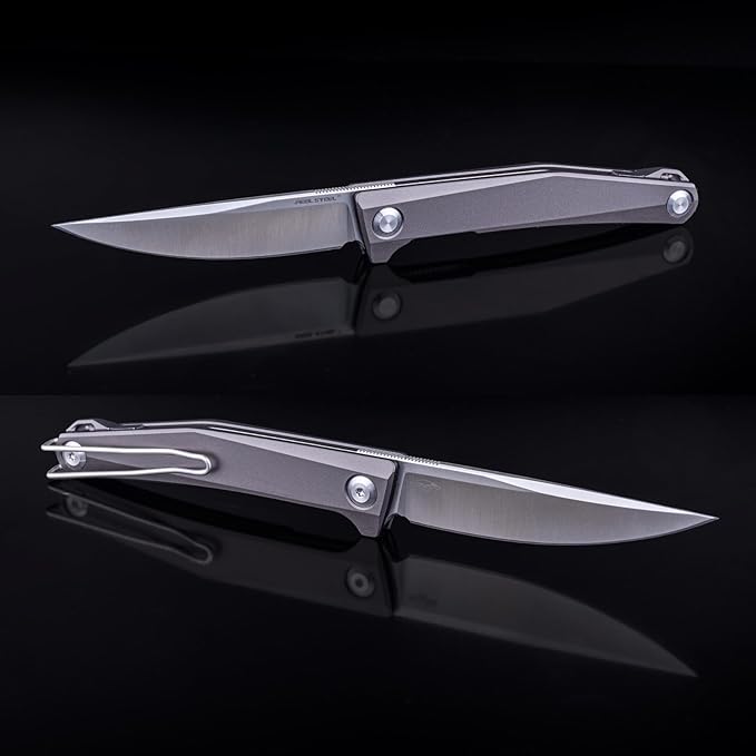 Real Steel Teres lightweight EDC Flipper Knife 3.11'' Nitro-V ‎Satin Hollow-Ground BladeAluminum HandleLiner Lock Knife Gentleman's Knife with Pocket ClipHunting Camping Hiking Fishing Knife Gift