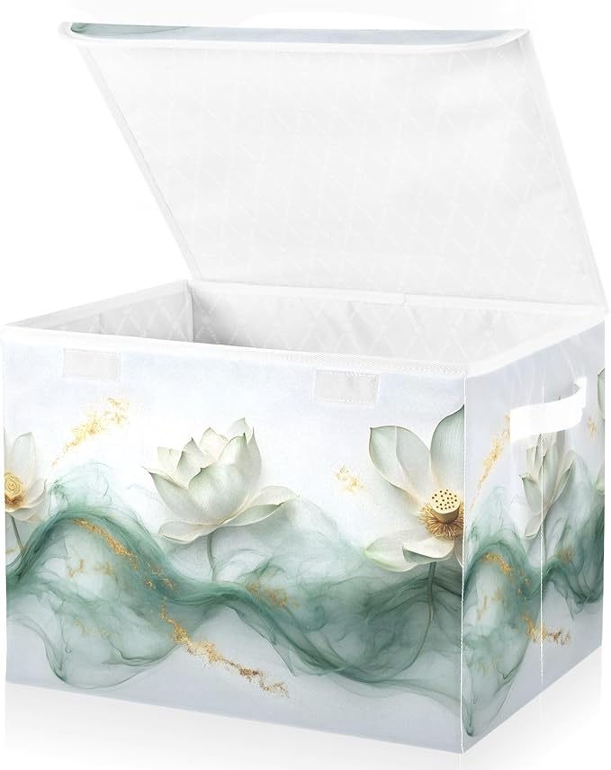 AIXIWAWA Lidded Storage Cube (Art White Flowers) Fabric Foldable Closet Bins with Flip Lid and Handles Organizer Basket Container 16.5 x 12.6 x 11.8 IN