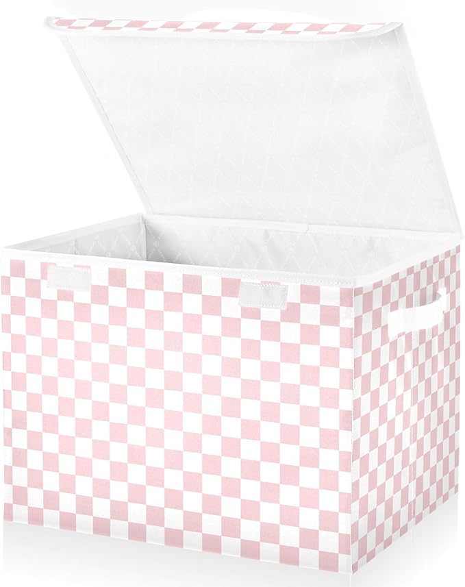 Light Pink White Checkerboard Storage Baskets Lidded Bin Foldable Storage Boxes Cubes Lids with 2 Handles for Organizing Closet Home Office