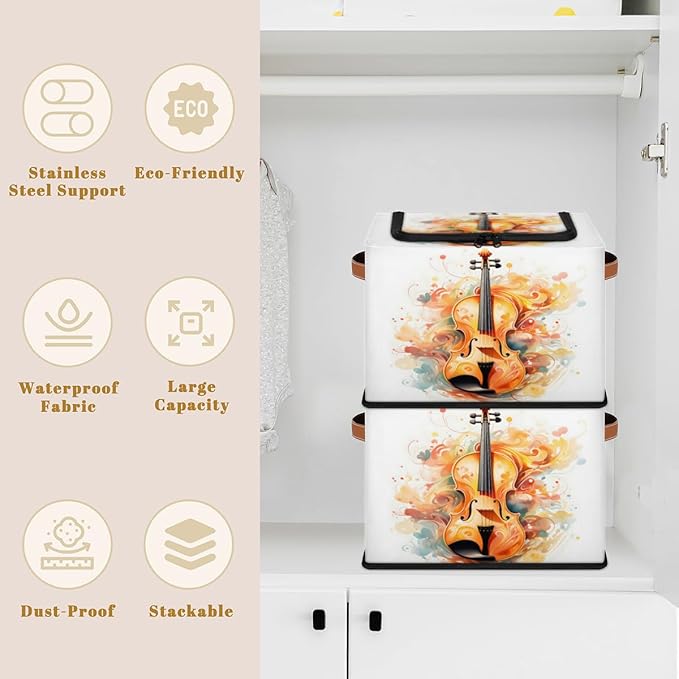 Music Violin Storage Box with Lid Watercolor Instrument Collapsible Storage Bins Baskets Cubes Closet Shelf Clothes Organizer Containers with PU Leather Handles