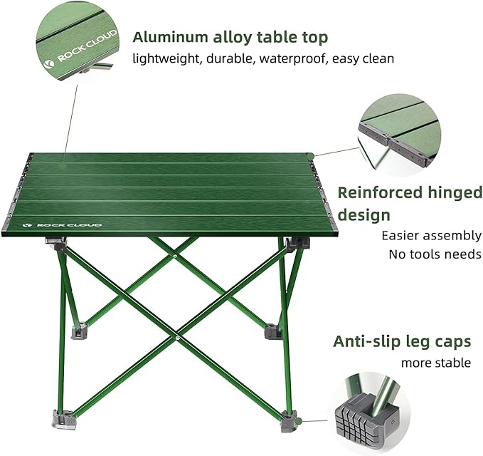 ROCK CLOUD Portable Camping Table Ultralight Aluminum Folding Beach Table Camp for Camping Hiking Backpacking Outdoor Picnic Green