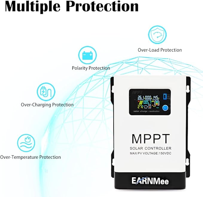 60A MPPT Solar Charge Controller 18-150VDC PV Input 12V/24V/48V Adjustable Output(Manual) Ideal for RV Large Solar Systems Compatible with Mono/Poly Panels &amp Lead-Acid/Lithium Batteries