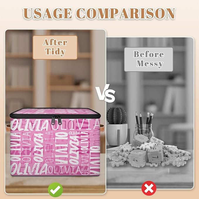 Custom Storage Bins with Zipper Lid Personalized Pink White Fabric Lidded Storage Baskets Boxes Foldable Cubes Clothes Organizer Container