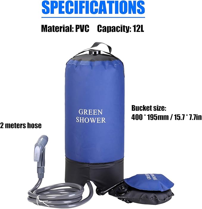 Portable Camping Shower Bag Special Nozzle 12L/3.17 Gallons Solar Shower Water Bag for Outdoor Shower wash feet wash Hands and car etc.Suitable for Hiking Camping