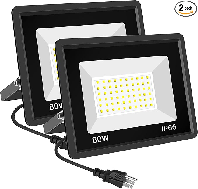 2 Pack 80W LED Flood Light Outdoor 9600LM Super Bright FloodLight with Plug 5000K Daylight White IP66 Waterproof Commercial Lighting for Backyard Garden Patio Garage