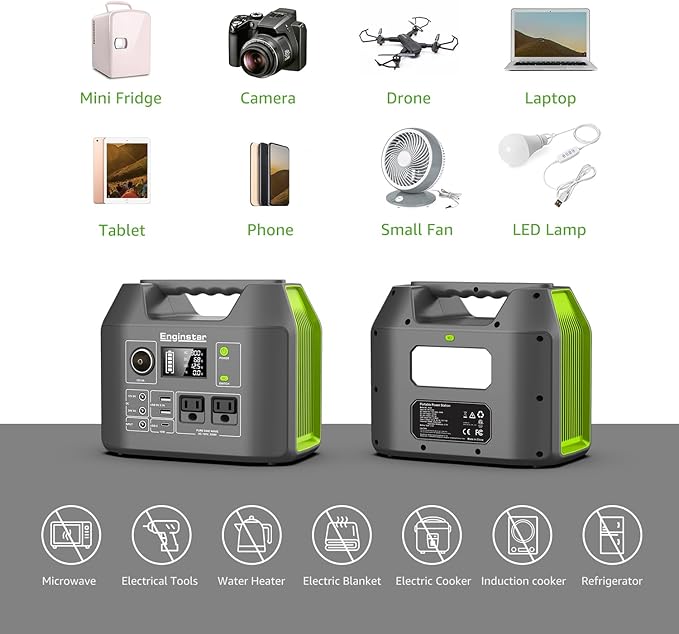 EnginStar Solar Generator 300W Portable Power Station 296Wh Lithium Battery Backup w/Two 110V Pure Sine Wave AC Outlet for Camping Road Trip RV 80000mAh Sufficient Power Supply for Blackout