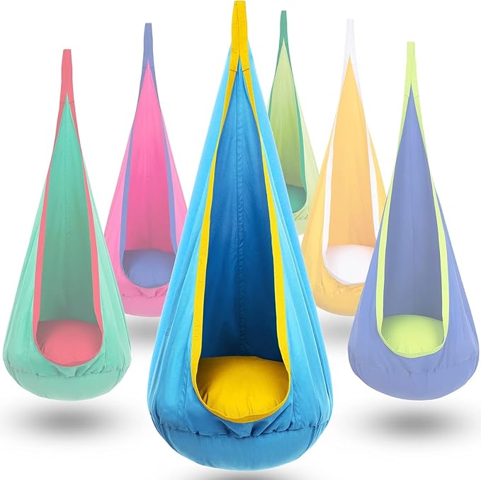 Y-STOP Kids Pod Swing Seat Hanging Hammock Chair with Inflatable Pillow Sensory Swing Chair with Pocket for Indoor and Outdoor (Blue Yellow)