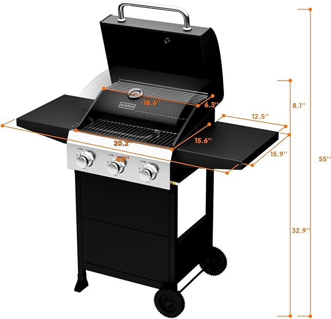 Bonnlo 3 Burners Portable Gas Grill with Enameled Cast Iron Grates Powerful 36000 BTU Propane Grill with Side Shelf &amp Bottom Cabinet Outdoor Grill with Wheels for Patio Backyard Garden BBQ Use