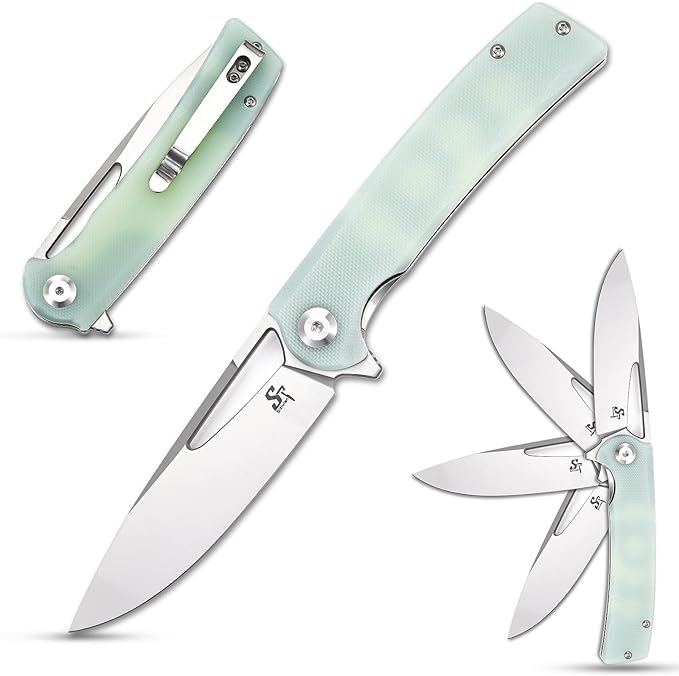 Sitivien ST126 Folding KnifeD2 Satin Blade+G10 HandlesLiner LockDeep Carry Pocket Clip for Outdoor and EDC(Jade)