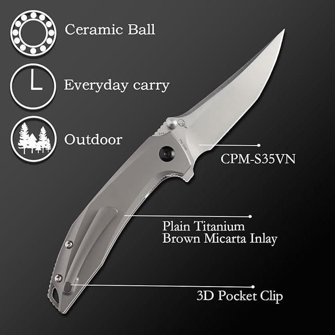 KANSEPT Baku Pocket Folding Knives for Men EDC Camping Folding Knife 3.2'' Satin CPM-S35VN Material Outdoor Folding Knives with Titanium Brown Micarta Handle Everyday Carry K1056A2