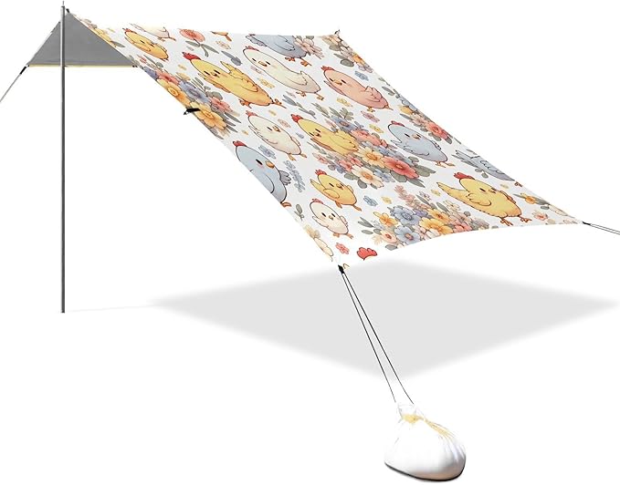 Cute Floral Cartoon Chickens Beach Tent Sun Shelter Set UPF50+ UV Protection 10.5 x 9.19 FT Camping Shade Canopy with Sandbags Sand Anchors Carrying Bag and Others