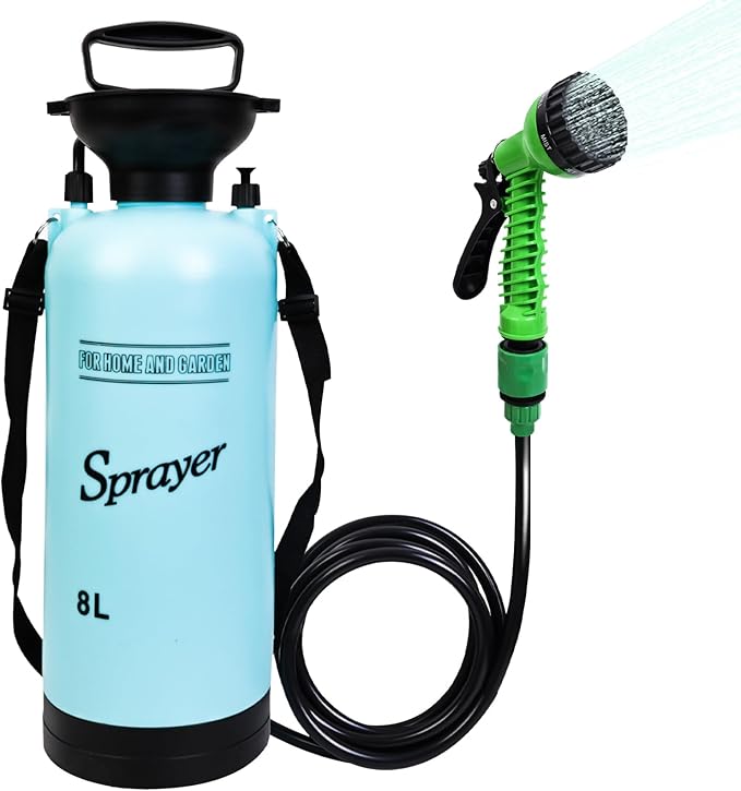 2.1 Gallon Portable Shower for Camping with 7 Spray Modes Camping Shower for Beach Shower Car Shower Hand Press with Removable Hose and Shower Head (Blue)
