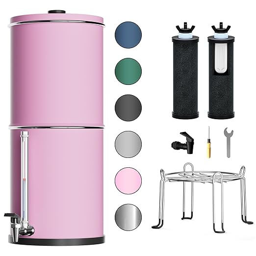Purewell 3-Stage 0.01μm Ultra-Filtration Gravity Water Filter System 304 Stainless Steel Countertop System with 2 Filters Metal Water Level Spigot and Stand Reduce 99% Chlorine 2.25G PW-OB-K