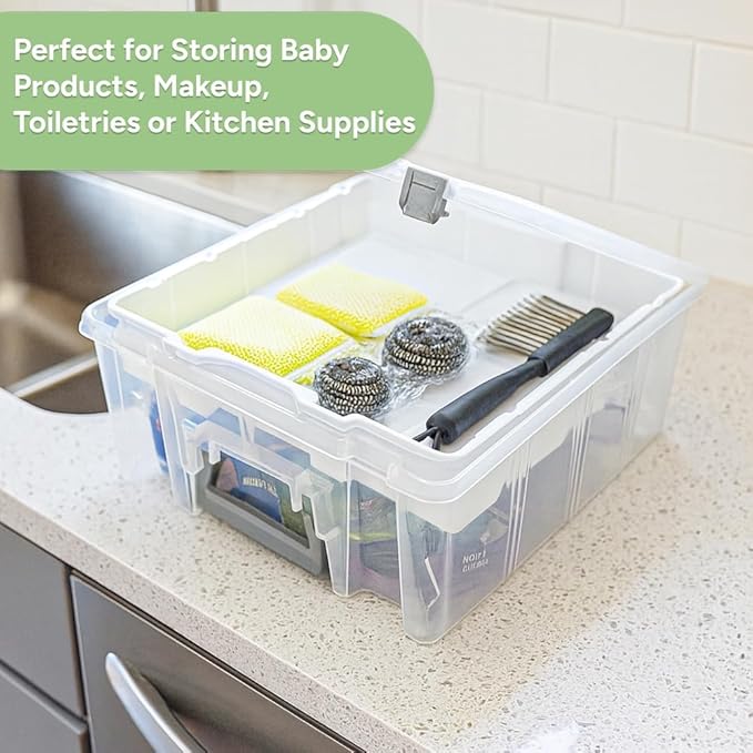 Best Kept Super Satchel Double Deep with Lift-Out Tray and Removable Dividers Stackable Home Storage Organization Container Clear with Sliver Latches and Handle