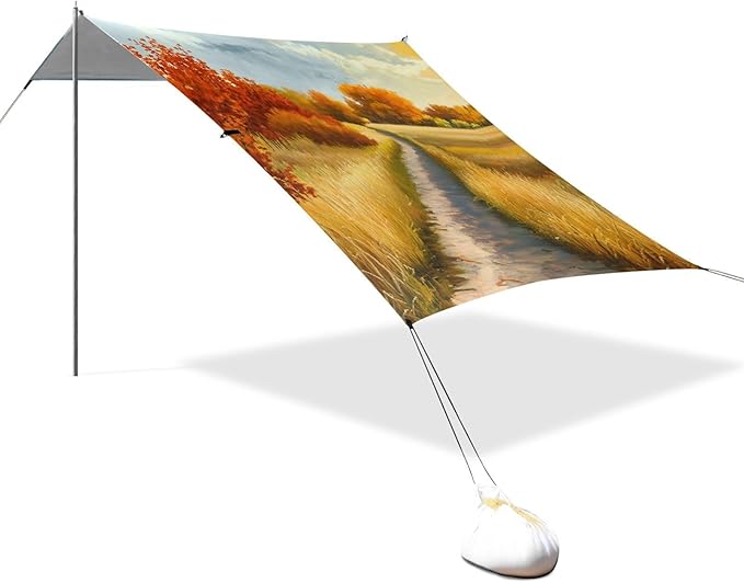 Beach Canopy with Windproof Ropes &amp Sandbags Beach Tent Sun Shade Sun Shelter for Camping Trips Fishing Backyard Fun or Picnics Autumn Landscape