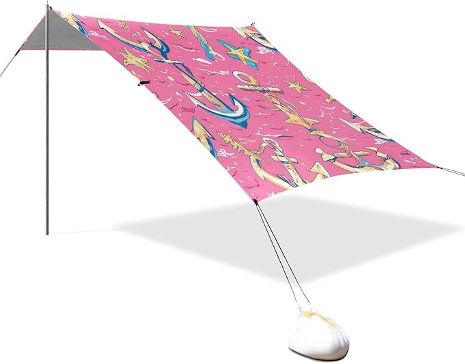 Hand Drawn Sea Ship Ocean Beach Tent UPF50 Waterproof Shade Sun Shelter with Sandbags Sand Shovel Poles for Camping Fishing Backyard Fun