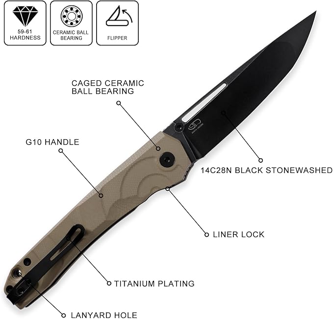 Petrified fish PFP11 Ripple Folding Knife3.78 14C28N Steel Hollow Blade G10 Handle Folding Pocket Knife for Camping EDC Outdoor (Khaki Black Stonewashed)