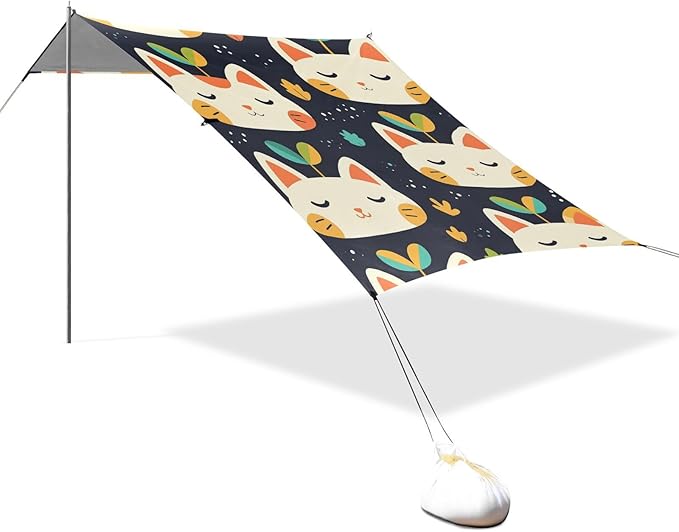 Cute Cats Face with Grass Foldable Beach Canopy UPF50+ Waterproof Shade Sun Shelter with Sandbags &amp Sand Shovel for Camping Picnics Backyard &amp Fishing