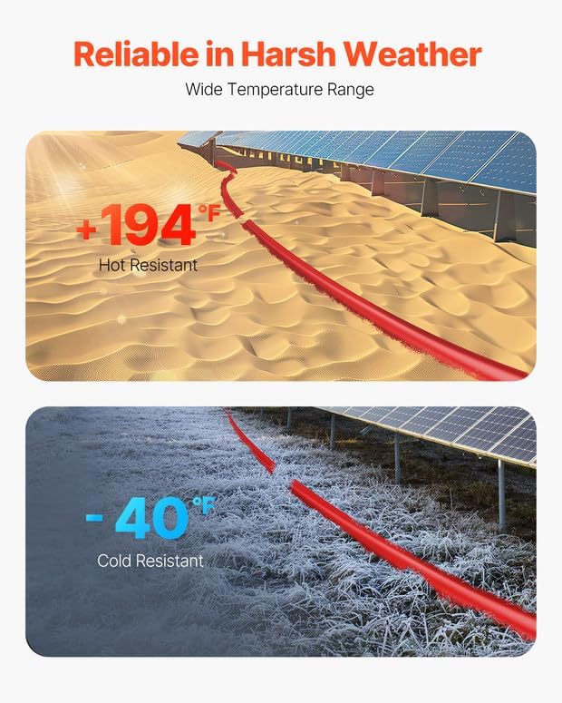 VEVOR 100FT Solar Panel Wire 10AWG Tinned Copper PV Cable 6mm² IP67 Waterproof XLPE Insulation Outdoor Extension Cord for RV Boat Home Solar Red