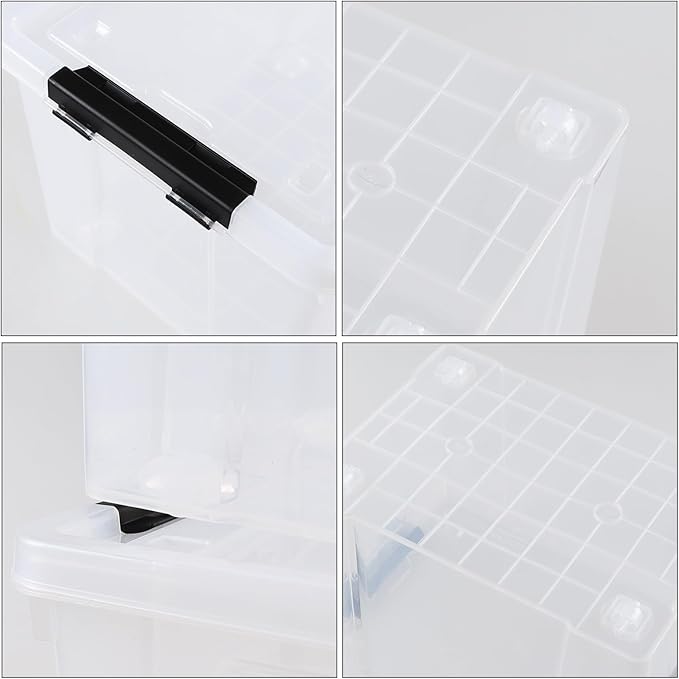 35 Quart Latching Storage Box with Wheels See-Through Base Plastic Container Bins with Secure Latching Lid Black Latch (4-Pack)