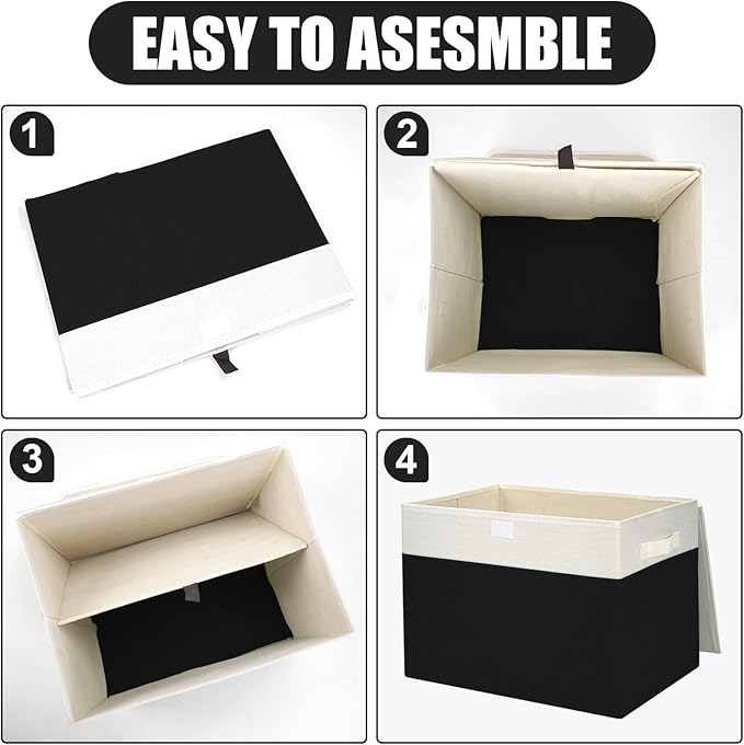 Large 17 42 Quarts Collapsible Stackable Storage Bins with Lids [3-Pack] Foldable Fabric Linen Storage Boxes Cube Closet Organizer Baskets with Label for Home (16.7 x 12 x 12 Black &amp White)