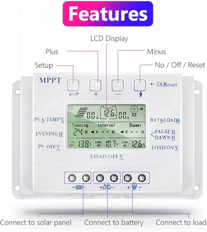 40A Solar Charge Controller 40 amp Solar Panel Regulator with Load Timer 12V 24V Auto with LCD Display USB 5V 1500mA and Usd for Control Landscape Lights and Water Features