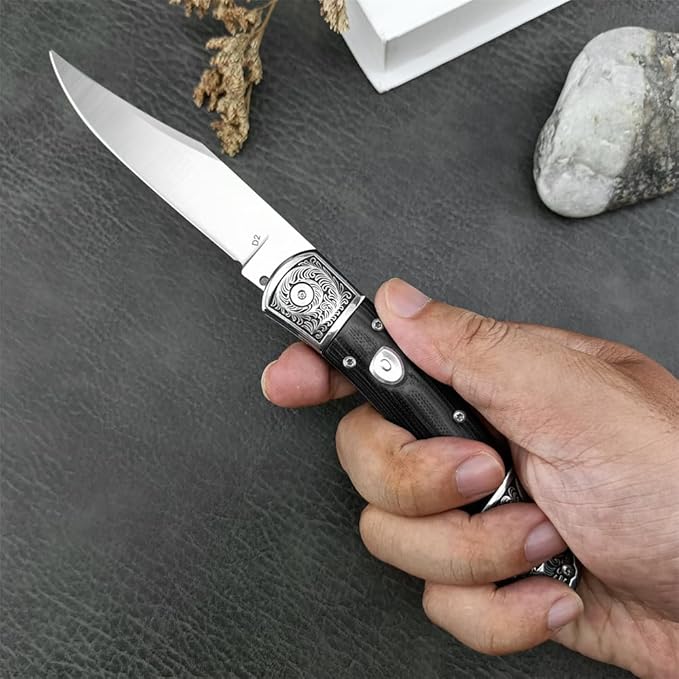 3.35'' High Hardness D2 Steel Blade Mikata Handle Outdoor Pocket Folding Knife Camping Rescue Self Defense Tactical Tool with Leather Sheath