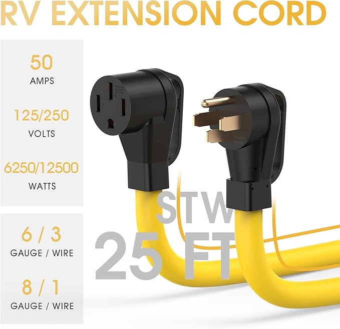 TOOLIOM 50 Amp Generator Cord NEMA 14-50P/14-50R 50 Amp RV/EV Extension Cord 125/250V 12500W 6/3+8/1 AWG STW Power Extension Cord for Generator RV/EV Trailer Camper UL Listed (25FT)