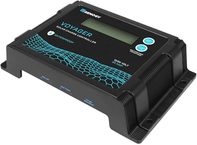 Renogy Voyager 20A 12V/24V PWM Waterproof Solar Charge Controller w/ LCD Display for AGM Gel Flooded and Lithium Battery Used in RVs Trailers Boats Yachts Voyager 20A