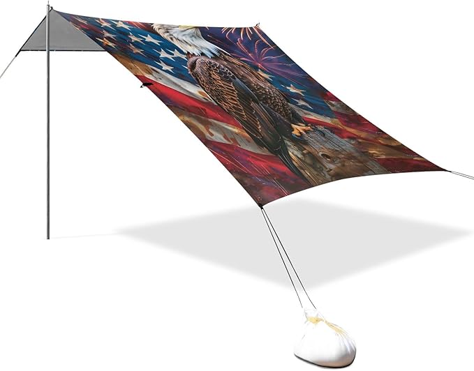 ALAZA Eagle USA American Flag Beach Tent Sun Shelter UPF50+ Protection Beach Shade Canopy w/ 4 Sandbags for Outdoor Camping Fishing Backyard Fun Picnic 10x9 ft