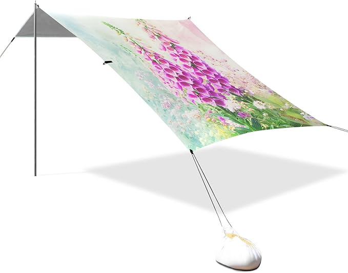 Beach Canopy with Windproof Ropes &amp Sandbags Beach Tent Sun Shade Sun Shelter for Camping Trips Fishing Backyard Fun or Picnics Purple Flower
