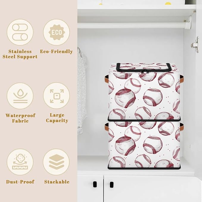 Sport Baseball Storage Bins with Zipper Lid Collapsible Fabric Storage Basket with Leather Handles Closet Shelf Cloth Organizer Basket for Nursery Bedroom Clothes Toy