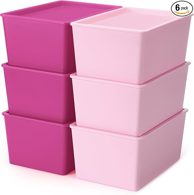 Menkxi 6 Pcs Storage Bins with Lids Small Plastic Storage Containers Stackable Storing Baskets Box Cute Organizer Bins for Organizing Shelves (Pink Series)