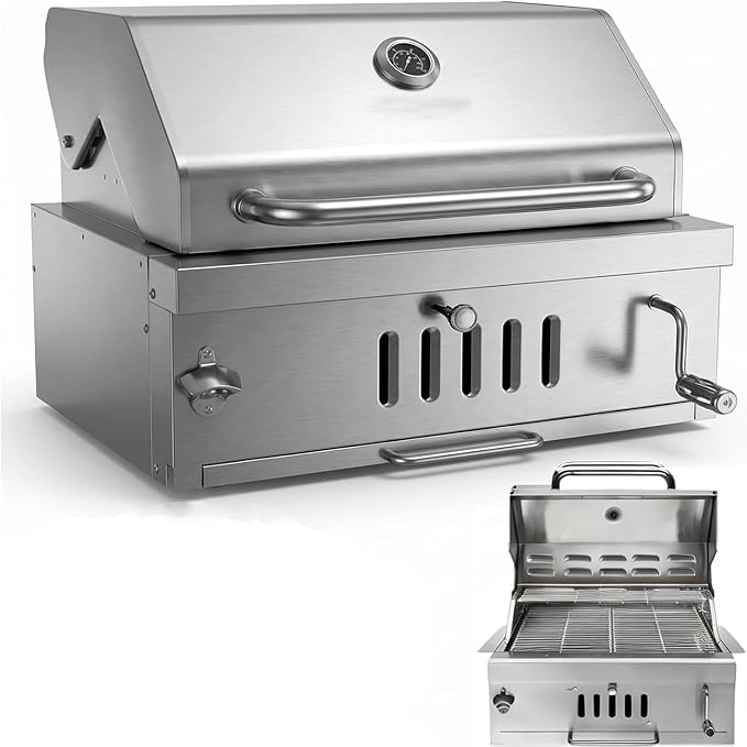 Large Charcoal BBQ Grills Built in Barbecue Grill with Liftable Tray Insulated Hood &amp Temp Gauge Silver Stainless Steel BBQ Barrel Grill for Outdoor Kitchen Cooking Family Parties Patio Park St