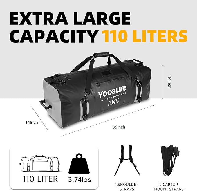 110L Waterproof Duffel Bag 35IN - Airtight Zipper Dry Bags Extra Large Dry Bag with Straps&ampHandles for Camping Boating Kayaking Rafting Canoeing Gym Beach Car Roof Storage (Black)