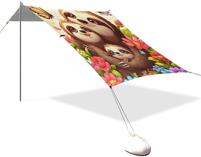 ALAZA Threes Sloths Butterfly Flower Beach Tent Sun Shelter Portable Canopy Sunshade for Outdoor Camping Picnics Backyard Fun 10x9 ft