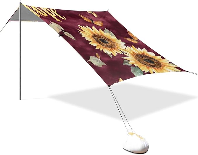 Tropical Sunflower Burgundy Foldable Beach Cabana UPF50 Waterproof Portable Sun Shelter with Sand Pockets for Backyard and Camping