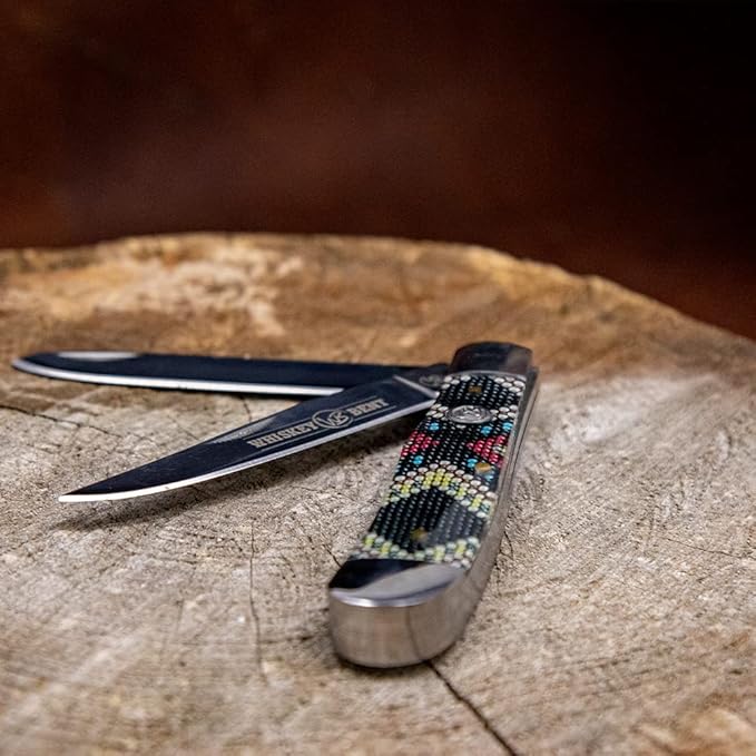 WHISKEY BENT HAT CO. Traditional Trapper Folding Pocket Knife 4.125 Closed Length 440C Stainless Steel Blades (Black Diamond Bead)