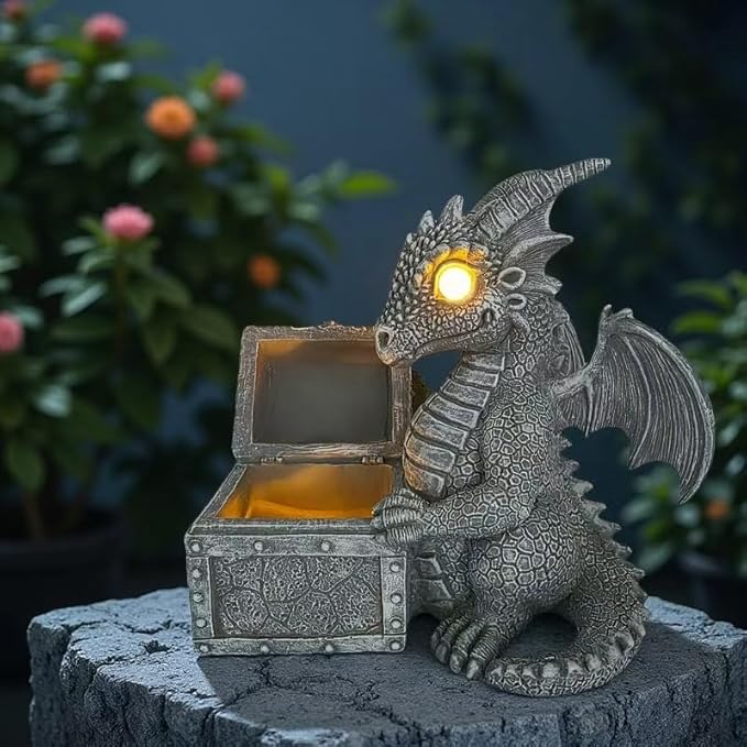 LED Solar Powered Dragons Opening Treasures Box Light Outdoor Atmosphere Decoration lamp Cute Resin Dragon Garden Landscape Lights.