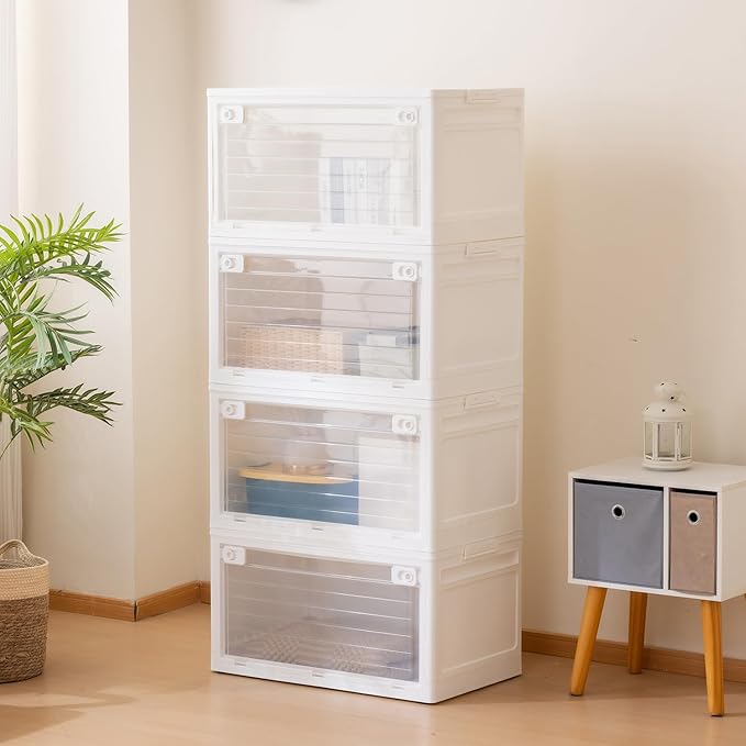 4-Tier 101QT Stackable Storage Bins with Lid Doors &amp Wheels Collapsible Plastic Organizer Bins for Closet Bedroom White